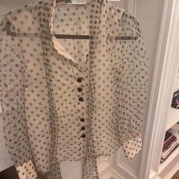 ZARA Diaphanous Polka Dot Blouse with Neck Tie - Picture 2 of 3